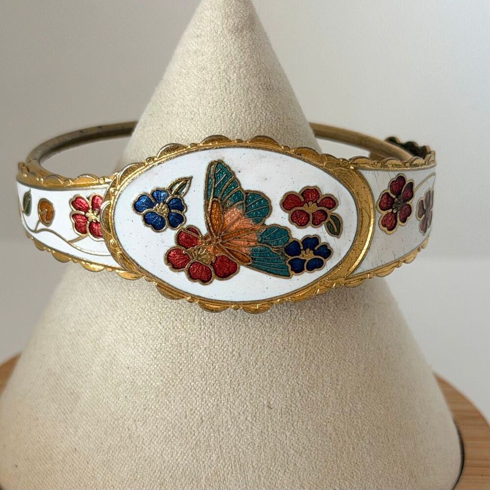Vintage Cloisonné Enamel Butterfly Floral Hinged Bracelet White Gold Tone
